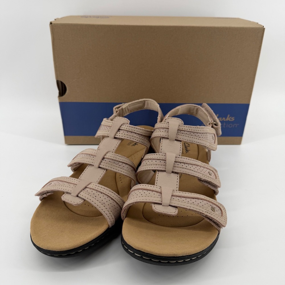 Clarks Sandals Womens 11 Sand Laurieann Ivy Leather Strappy Comfort Flat Sandal